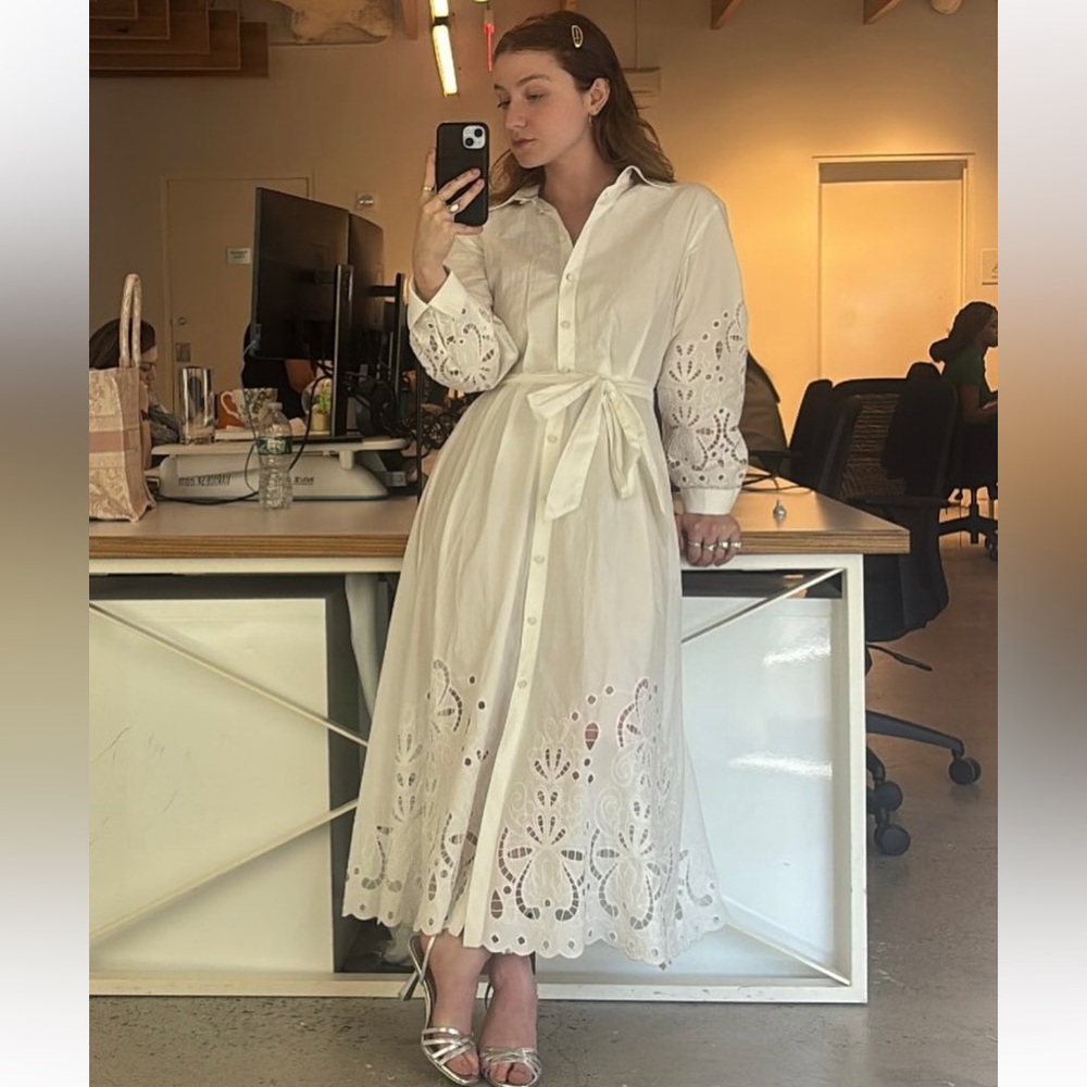Cotton embroidered long belted Shirt Dress
